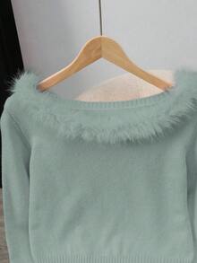 Franclia Fashionable Solid Color Patchwork Fur Collar Sweater, Autumn/Winter - Mint Green - View 4