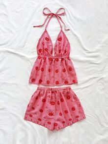 Soleia 女款紅白格紋夏季熱帶度假兩件套，V領掛脖前綁帶背心與寬鬆超短褲海灘穿搭 - 彩色 - 查看 6