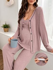 Moonlight&Mama 孕妇针织开衫、吊带背心和裤子三件套家居服套装，简约设计 - 粉色 - 查看 1