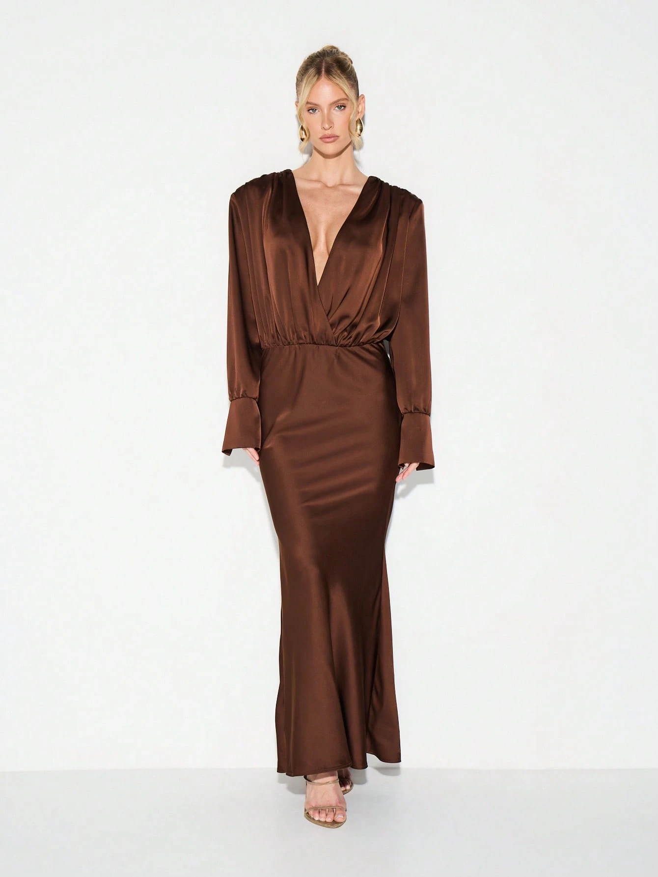 KIZN Deep V-Neck Satin Draped Column Maxi Dress
