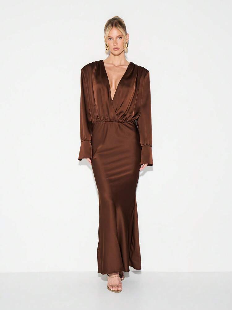 KIZN Deep V-Neck Satin Draped Column Maxi Dress