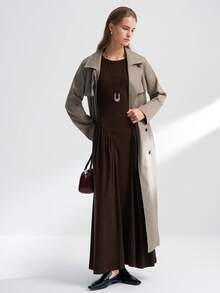 INAWLY Women's Casual Solid Color Flared Knit Dress, Autumn - Coffee - View 3