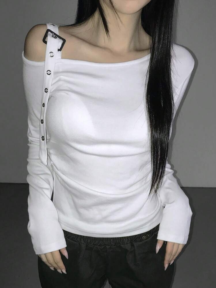 Women's Oblique Collar Buckle Slim Fit Casual Asymmetrical Shoulder Long Sleeve T-Shirt Spring