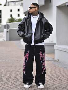 Devon Thys Chaqueta de cuero PU con capucha holgada de moda para hombre, estilo grunge, para otoño/invierno - Negro - Ver 4