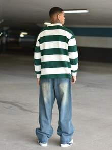 Devon Thys 男士条纹领扣前长袖时尚运动衫 - 綠色 - 查看 4