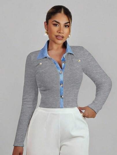  Xyvia Knitted Cardigan With Contrast Color Collar, Versatile Stylish Jacket, Ribbed Knit Fabric