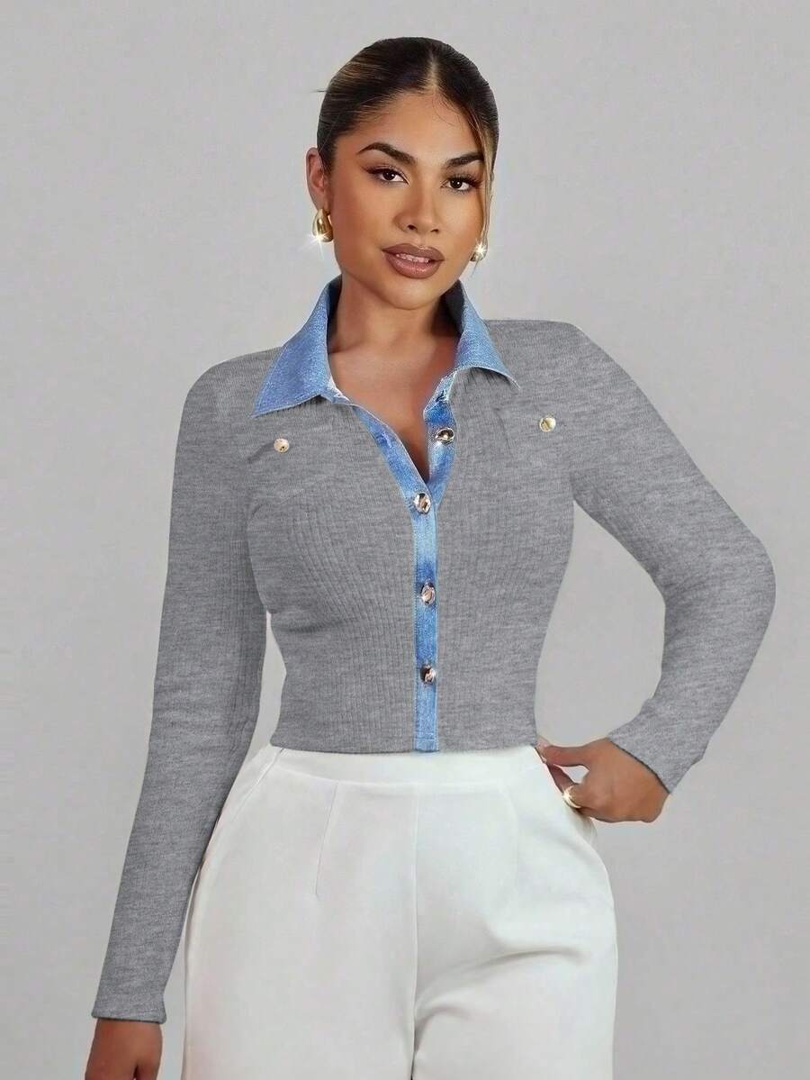 Xyvia Knitted Cardigan With Contrast Color Collar, Versatile Stylish Jacket, Ribbed Knit Fabric - Light Grey - View 1