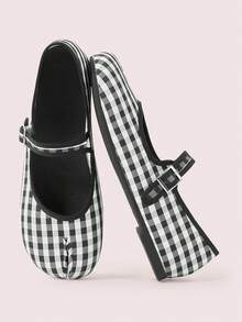CUCCOO DOLLMOD Giày bệt Mary Jane kẻ caro đen trắng chia ngón dành cho nữ, phong cách cổ điển, đi làm - màu đen - Xem 2