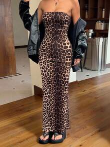 SHEIN EZwear Women's Sexy Leopard Print Slit Bandeau Dress, Summer,Summer Dresses For Women