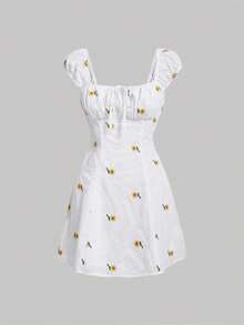 SHEIN MOD Floral Embroidery Ruched Bust Dress - White - View 1