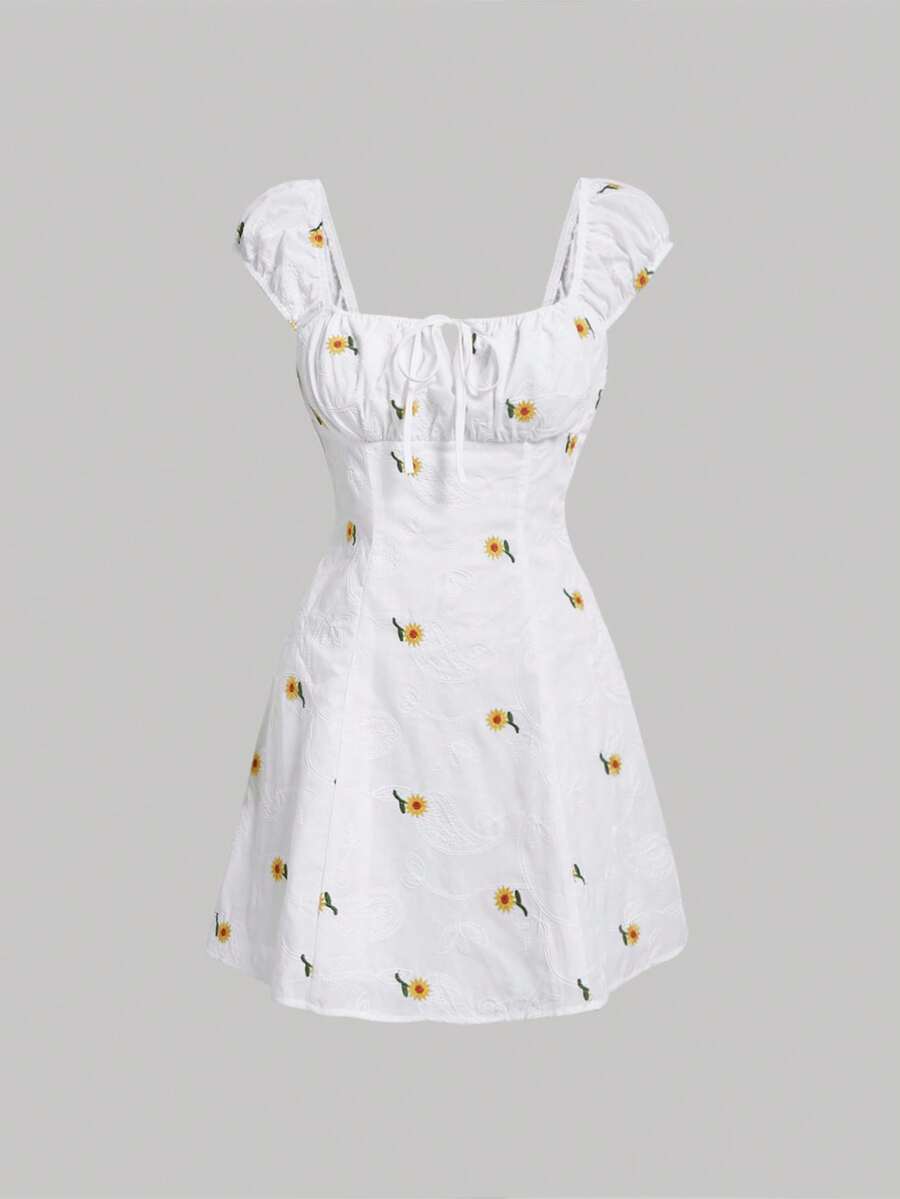 SHEIN MOD Floral Embroidery Ruched Bust Dress - White - View 1