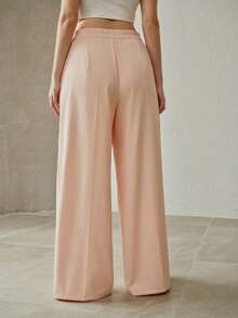 PREMIUM PLUS SIZE METAL BUCKLE WAIST ELEGANT WIDE LEG SUIT PANTS, SPRING/SUMMER - Coral Pink - View 3