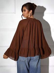 Femmeverse Plus Size Women Layered Ruffle Trim Long Sleeve Casual Top, Elegant Style For Holiday Fall - Coffee Brown - View 2