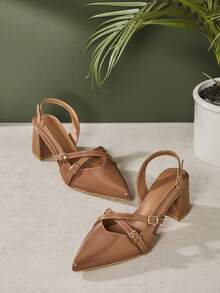 SHUZIA 多功能时尚设计，专利PU材质，粗跟，后跟系带，舒适百搭，适合全天休闲办公穿着。 - 米色 - 查看 6