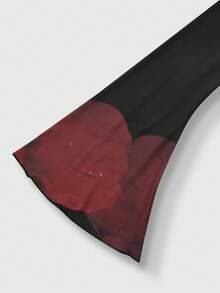 SHEIN Franclia Women's Fashionable Red & Black Floral Print Flare Sleeve Long Dress, Valentine's Day Dress - Multicolor - View 7