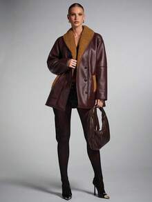 SHEIN BAE 秋冬女士时尚仿皮草大衣 - 酒紅色 - 查看 6