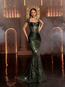 Glamrae Váy dài tay đuôi cá thêu sequin xanh lá cây thanh lịch, lãng mạn, thời trang, phù hợp cho thời trang, ngày lễ, tiệc sinh nhật, đám cưới, bữa tối trang trọng - xanh quân đội - Xem 6