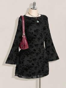 SHEIN ICON 大码女装秋季连衣裙，女式长袖连衣裙，Y2K复古植绒花卉网纱喇叭袖性感节日连衣裙，日常穿着 - 黑色 - 查看 4