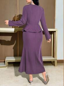 Modelyn 新款收腰优雅通勤水钻装饰鱼尾裙套装 - 卡其色 - 查看 5