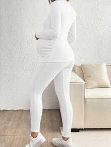 SHEIN 孕婦休閒純色保暖內裡上衣與褲子2件套，冬季白色絲滑簡約休閒日常孕婦穿搭內搭褲保暖衣 - 白色 - 查看 2