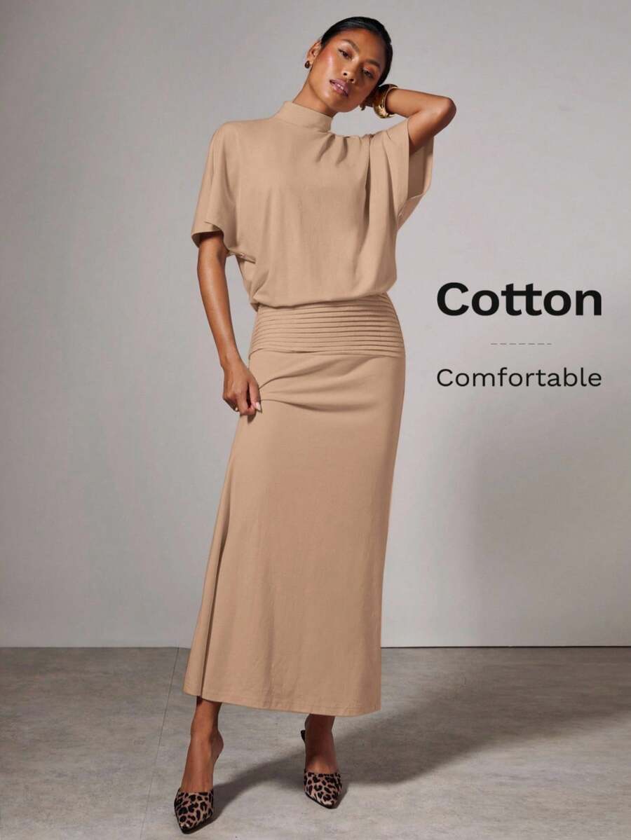 COSMINA 女式纯色简约高领短袖连衣裙，休闲日常穿着 - 卡其色 - 查看 1