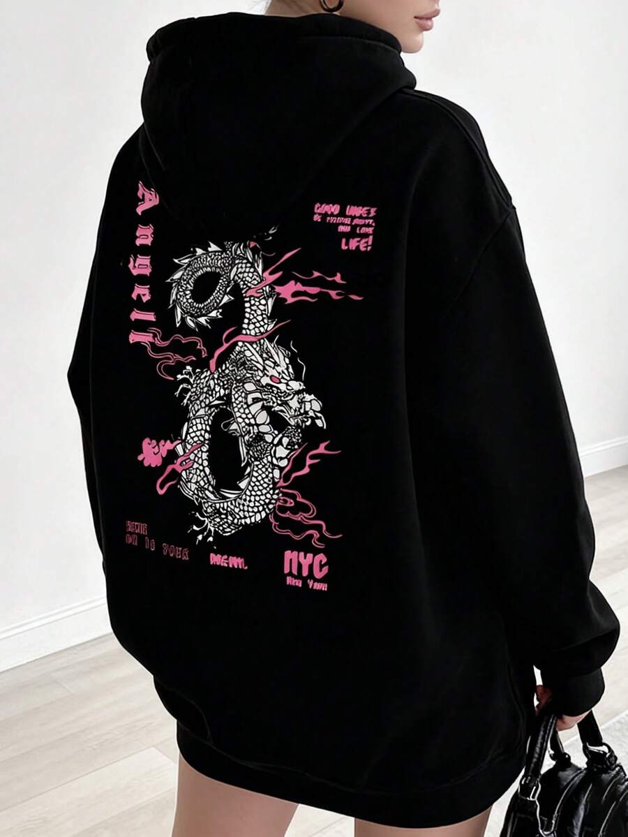 INAWLY 加大码中国龙印花连帽衫，适合冬季 - 黑色 - 查看 1