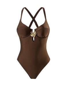Swim Chiccia Elegant Brown Sleeveless Spaghetti Strap One-Piece Bikini Swimsuit With Criss Cross Detail - Brown - View 6