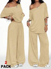 Coolane Trang phục dạo phố tối giản mùa hè dành cho nữ Trang phục cơ bản hàng ngày Đi chơi thể thao Áo phông trễ vai thoải mái và quần dài ống rộng Bộ đồ hai mảnh - Màu be - Xem 5