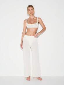 KIZN Women Relaxed Fit High Rise Wide Leg Palazzo Flare Trousers Casual Loose Full Length Pants With Plain Hem Detail - Apricot - View 3