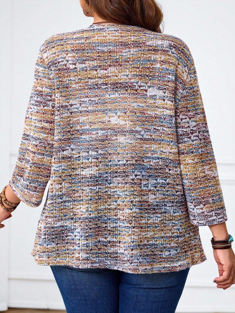 Plus Size Vacation Casual Colorful Floral Mesh Pointelle Knit Open Front 3/4 Sleeve Fitted Cropped Coat For Women, Suitable For Early Autumn Knitted Coat For  Country Concert Boho ,Spring