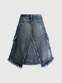 ROMWE Avant Chân váy denim dáng chữ A phong cách Y2K cổ điển dành cho nữ có túi hộp - Màu xanh lam - Xem 2