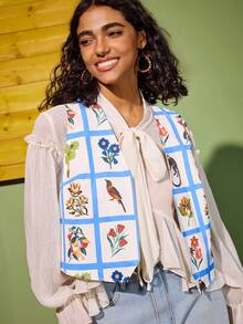 Felipe Marques Women's Floral Print Vest Cardigan Regular Jacket, Casual For Autumn/Winter, Vacation, Party - Baby Blue - View 3