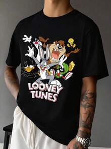 LOONEY TUNES X SHEIN 男士卡通动物与字母印花短袖 T 恤 - 黑色 - 查看 7