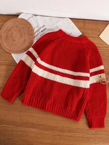 SHEIN Genkimix Kids 幼儿男女童休闲撞色条纹提花舒适百搭圆领长袖针织衫