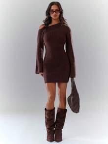 Glamine 优雅斜肩连衣裙，复古修身连衣裙，女士冬季棕色斜肩长袖连衣裙 - 棕色 - 查看 6