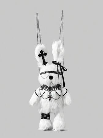 Grunge Punk Fashionable Furry Chain Decor Dark Rabbit Rivet Backpack
