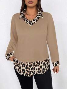 EMERY ROSE Plus Size Women Casual Printed 2 In 1 Shirt - Khaki - View 5