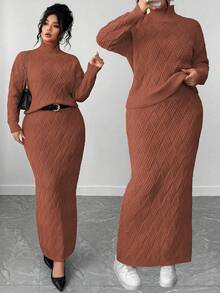 Elenzga 大码毛衣和紧身裙两件套，休闲宽松圆领套头衫 - 鏽棕色 - 查看 1
