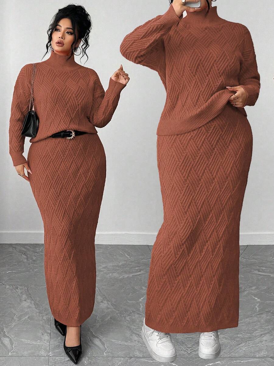 Elenzga 大码毛衣和紧身裙两件套，休闲宽松圆领套头衫 - 鏽棕色 - 查看 1