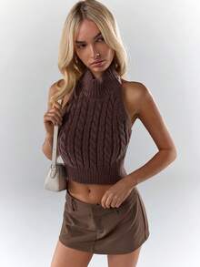 Glamine Fashionable Sexy Cropped Halter Backless Sweater - Brown - View 6
