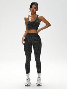 Slayform 1 Set Women Leopard Print Twist V-Neck Tank Top And Leggings Yoga Workout Running Sports Suit - Black - View 4