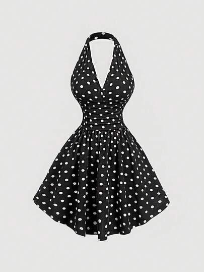 SHEIN MOD Women's V-Neck Slim Polka Dot Bodycon Dress,Black Homecoming Dress,Hollowed Costumes,Elegant Women Dresses,Sexy Dress,Black Polka Dot Dress.Black And White Polka Dot Halter Dress,   Blend, Sleeveless, Retro Style, Ruched Bodice, Flared Skirt, Vintage Inspired, Lightweight, Breathable, Classic Look, Soft Fabric, Fitted Waist, Swing Silhouette, Playful Pattern, Elegant, Youthful, Summer Design, Comfortable Wear, Figure-Flattering, Fully Lined