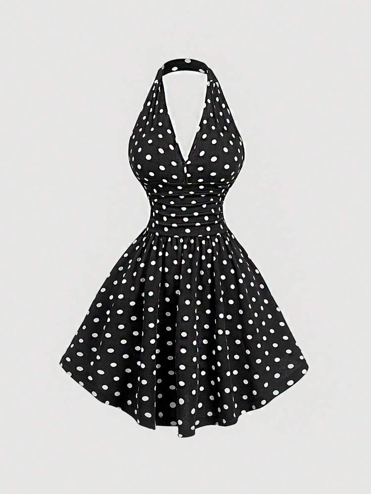 SHEIN MOD Women's 70's 70s Retro Black White Polka Dot Summer Halter Dress,Elegant  V-Neck Ruched Swing Party Dress,Sleeveless Vintage Flared Skirt Homecoming  | SHEIN