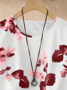 EMERY ROSE 2件套女士碎花圆领短袖上衣和裤子，新年休闲装 - 中紫紅色 - 查看 6