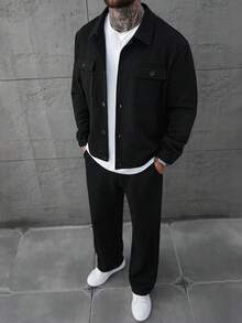 SLATEMANN 男士华夫格纹理提花衬衫和裤子套装，男士套装，男士黑色套装，男士全套服装，男士华夫格针织套装，秋季服装 - 黑色 - 查看 2