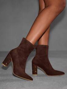 CUCCOO SZL Women's Fashionable Versatile Commuter Rhinestone Decor Chunky High Heel Ankle Boots For Christmas - Coffee Brown - View 5