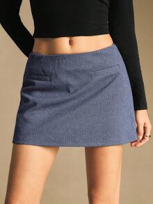 Poéselle Quần short cạp thấp họa tiết kẻ caro thường ngày dành cho nữ, phù hợp mặc hàng ngày, đi làm và đi chơi vào mùa hè - Màu xanh hải quân - Xem 2