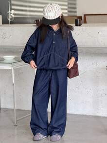 DAZY Tween Girl Drop Shoulder Button Half Placket Hoodie And Wide Leg Jeans Casual Suit - Blue - View 4