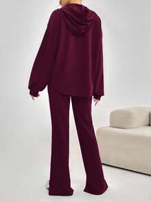 Mulvari 2pcs Women Casual Letter Print Drawstring Hooded Sweatshirt And Pants Set, Autumn 2 Pieces Set - Red Violet - View 6