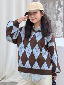 DAZY Girls' Retro V-Neck Argyle Patchwork Pullover Sweater, Fashion School Style - Coffee Brown - View 4